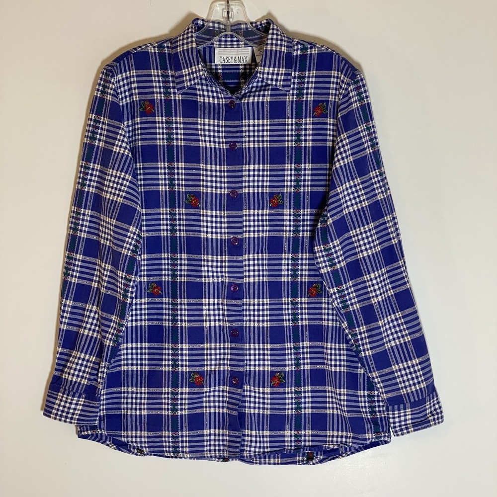 Casey & Max Top Womens Medium Blue Plaid Missletoe Embroidered Metallic Holiday